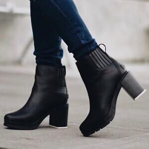 SOREL Margo Boots Leather Platform Chunky Block Heeled Chelsea Boots, Black